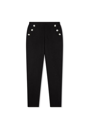 Pantaloni neri con vestibilità slim, tessuto morbido e decorazioni floreali decorative vicino alle tasche.