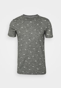 Gray short-sleeve t-shirt with a soft texture and subtle white geometric patterns throughout. Classic round neckline and standard fit.
