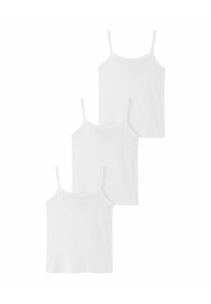 Tre ensfarvede hvide ærmeløse camisoler med tynde stropper, arrangeret i et forskudt lodret layout på en hvid baggrund.