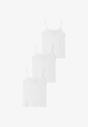 Tres camisetas interiores sin mangas blancas lisas con tirantes finos, dispuestas en una disposición vertical escalonada sobre un fondo blanco.
