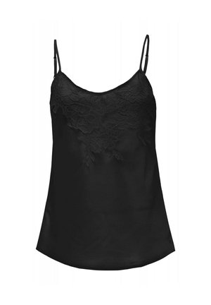 Caraco en satin noir avec fines bretelles réglables et détails en dentelle florale sur la poitrine et le haut du torse.