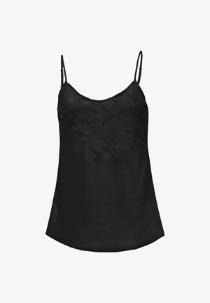 Caraco en satin noir avec fines bretelles réglables et détails en dentelle florale sur la poitrine et le haut du torse.