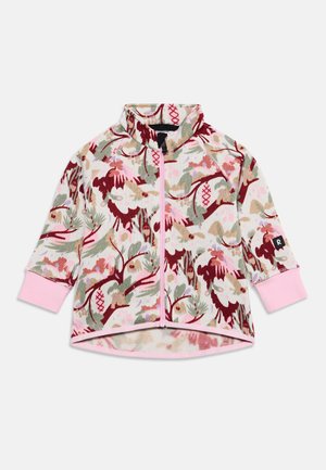 Kinder Langarm-Jacke mit Reißverschluss und hohem Kragen, Blumenmuster in Pink, Rot, Grün und Beige sowie pinken Bündchen und Saumabschlüssen.
