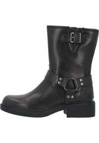 Botines de cuero negro hasta el tobillo con punta redonda, tacón bloque de altura media y correas dobles con un hebilla de metal y acento en forma de anillo.