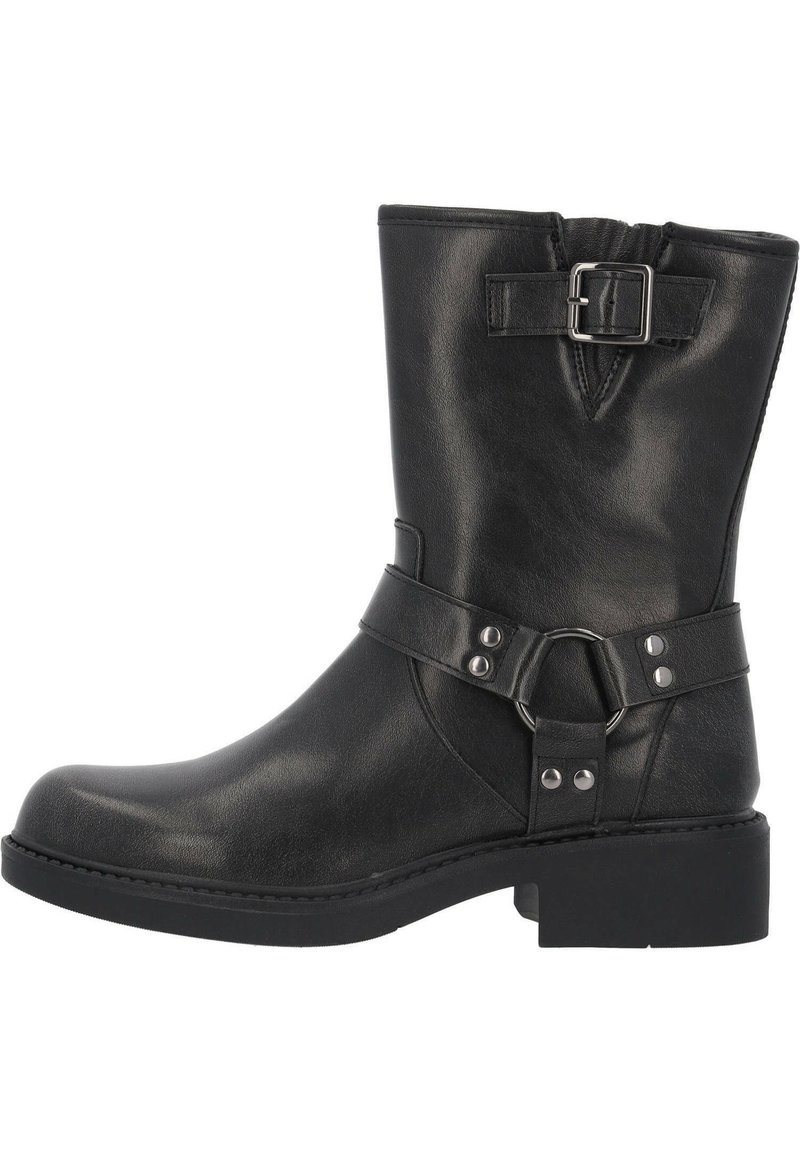 Botines de cuero negro hasta el tobillo con punta redonda, tacón bloque de altura media y correas dobles con un hebilla de metal y acento en forma de anillo.
