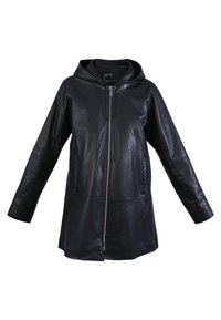 Chaqueta de cuero negro con capucha, cierre de cremallera, mangas largas y bolsillos laterales. Textura suave con un diseño moderno y minimalista.
