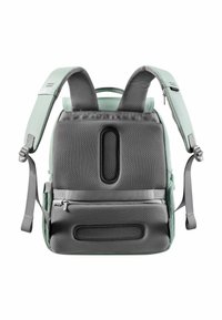 Sac à dos gris et vert menthe avec dos en maille rembourrée, bretelles ajustables, compartiment zippé et surface texturée.