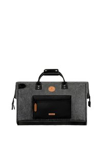 Graue Stofftasche mit schwarzen Lederakzenten, ausgestattet mit kurzen Griffen, einer vorderen Reißverschlusstasche und einem Logohangtag.