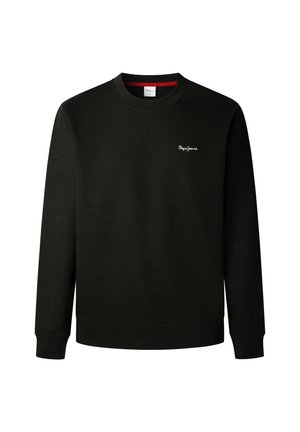 Μαύρη φούτερ μπλούζα από μαλακό υλικό, με στρογγυλή λαιμόκοψη και ριμπ μανσέτες, με ένα μικρό λευκό λογότυπο στην αριστερή πλευρά του στήθους.