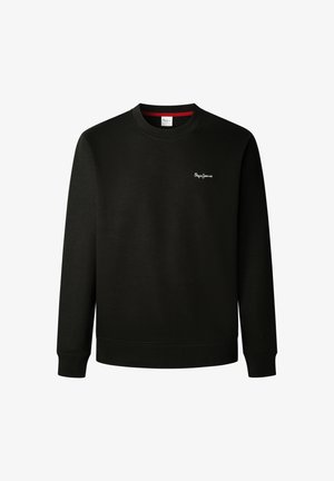 Musta huppari pehmeästä kankaasta, jossa on pyöreä kaula-aukko ja joustavat hihansuut, sekä pieni valkoinen logo vasemmassa rinnassa.