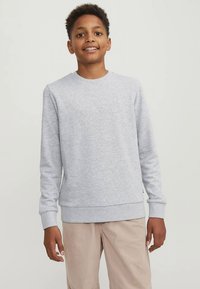 Világosszürke pulóver, kerek nyakkivágással, hosszú ujjakkal, bordázott mandzsettákkal és szegéllyel. A modell khaki nadrágot visel, semleges arckifejezéssel áll.