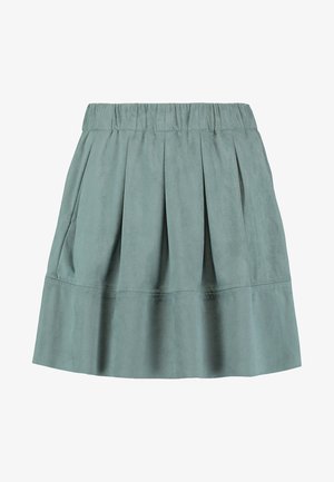 Jupe mini plissée en tissu doux et texturé, de couleur bleu sarcelle atténuée, dotée d'une taille élastique et d'un design en niveaux.