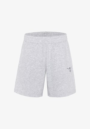 Light gray athletic shorts with elastic waistband and small black logo on left thigh.