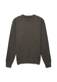 Dunkelgrüner Strickpullover mit rundem Halsausschnitt, gerippten Bündchen und Saum sowie dezenten, beschädigten Details am unteren Rand.