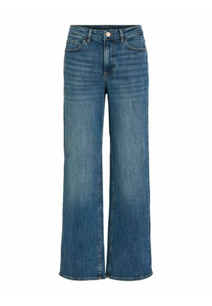 Blue high-waisted wide-leg denim jeans with front button and zipper, front and back pockets, and faded detailing on thighs.
