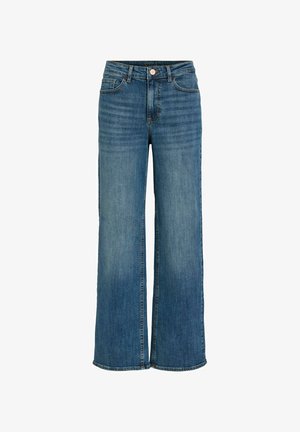 Blue high-waisted wide-leg denim jeans with front button and zipper, front and back pockets, and faded detailing on thighs.