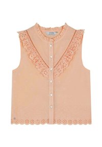 Pfirsichfarbene ärmellose Bluse mit einer Rüschenspitze, Knopfverschluss, gestickten Blumenmustern und gewelltem Saum.
