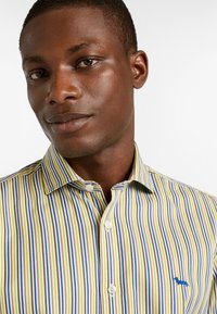 Vihreä, keltainen ja sininen raidoitettu napitettava paita, jossa on slim fit -malli. Sisältää kauluksen ja pienen sinisen logon rinnassa. Rakennepinta.