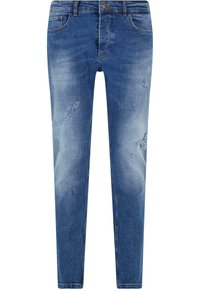 Vaqueros de mezclilla azul claro con un ajuste slim, que presentan zonas desgastadas y pequeños parches rasgados. Diseño de cinco bolsillos con cintura de trabillas para cinturón.