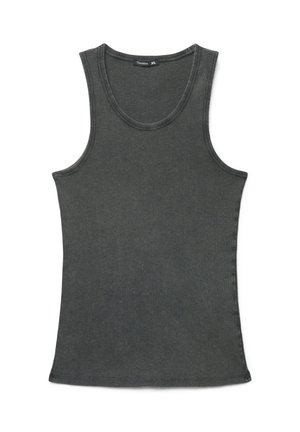 Canottiera smanicata grigia scura a coste con scollo tondo, taglia XL, distesa su uno sfondo bianco.