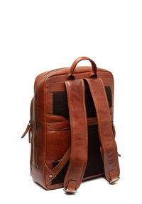 Zaino in pelle marrone con pannelli in rete, doppi spallacci e maniglia superiore; presenta una chiusura con zip e dettagli metallici.