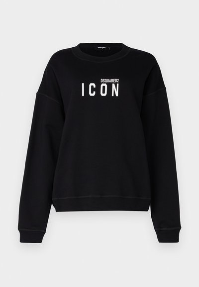 Čierna mikina s okrúhlym výstrihom, s bielou grafikou "ICON" a logom "DSQUARED2". Mäkká tkanina, voľný strih, ribbované manžety.