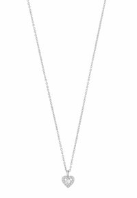 Silver kedja halsband med en liten hjärtformad hänge som är prydd med klara glittrande stenar.