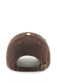 Brown adjustable baseball cap with metal buckle closure, seen from the back on a white background.