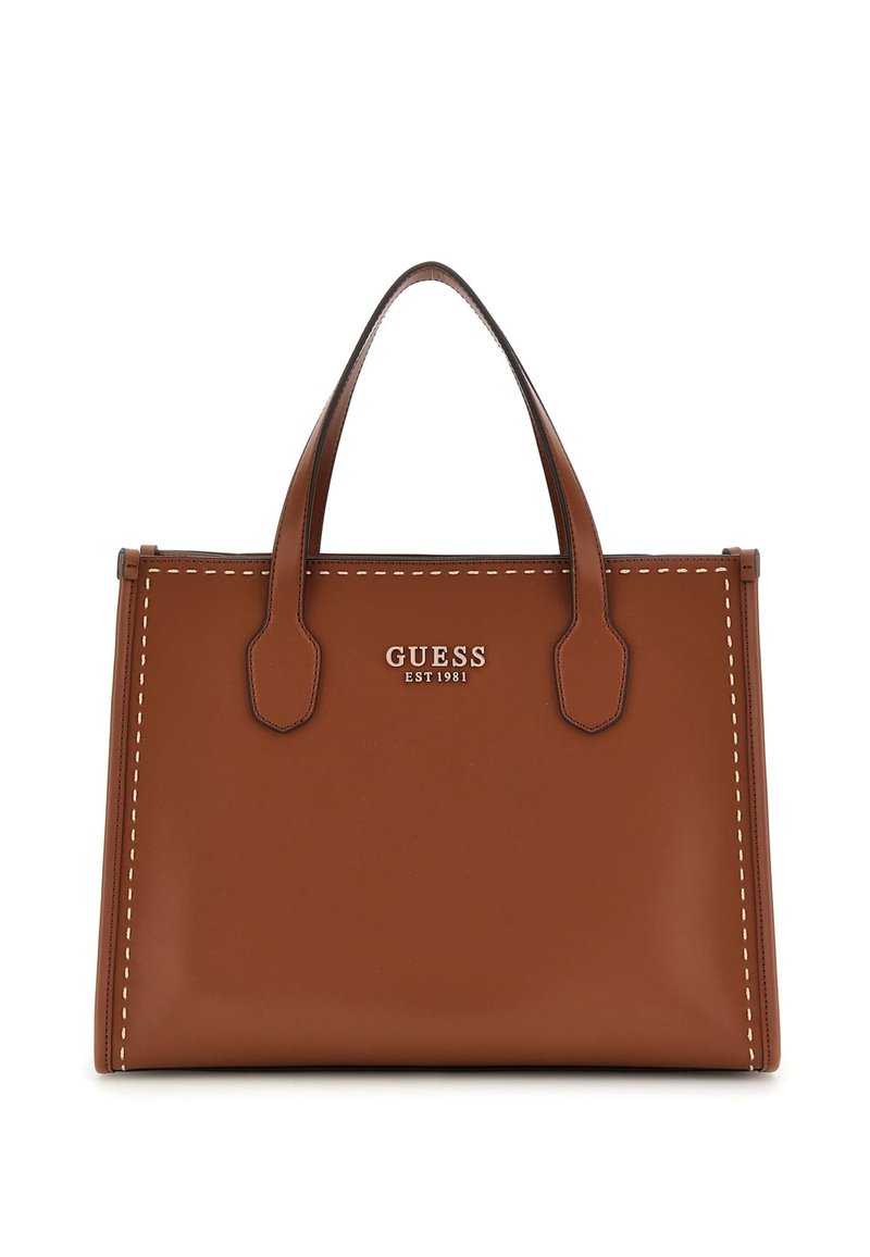 Borsa sintetica marrone con due manici superiori, dettagli di cucitura bianca e un logo frontale. Forma strutturata con una texture liscia.