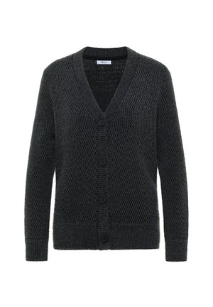 Dunkelgraue Strickjacke mit V-Ausschnitt, langen Ärmeln und fünf schwarzen Knöpfen vorne; strukturiertes, weiches Material.