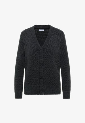 Dunkelgraue Strickjacke mit V-Ausschnitt, langen Ärmeln und fünf schwarzen Knöpfen vorne; strukturiertes, weiches Material.