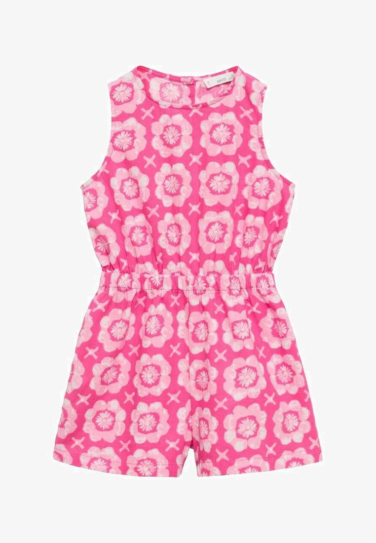 Rosa blommig jumpsuit med elastisk midja. Innehåller stora vita blommor och korsmönster, ärmlös design och rund halsringning.