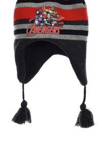 Red, black, and gray knit hat with ear flaps, featuring a graphic of Avengers characters and tassels on each flap.