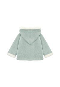 Chaqueta con capucha verde menta con forro de piel sintética blanca. Presenta mangas anchas y un tejido texturizado. Diseño sencillo y relajado visto desde atrás.