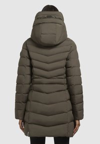 Olive green padded coat with a chevron quilted pattern, a detachable hood, and side zippers, featuring a smooth texture and long sleeves.