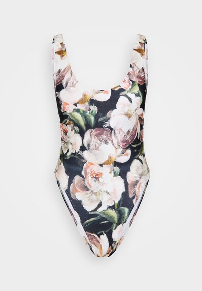 One-piece swimsuit in floral pattern with pink and white flowers on a dark navy background. Features wide straps and a scoop neckline.