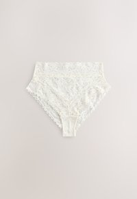 White high-waist lace underwear with floral patterns and scalloped edges, displayed on a plain pale background.