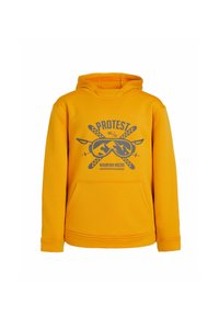 Felpa con cappuccio gialla realizzata in tessuto morbido. Presenta una tasca frontale e una stampa grafica con montagne e occhiali da sole.