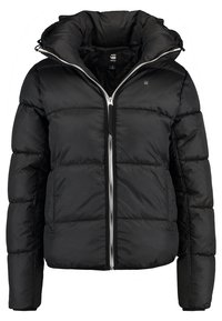 Veste rembourrée noire avec col montant, fermeture éclair à l'avant, manches longues et poches latérales, adaptée aux temps froids.