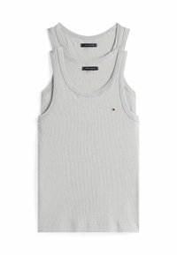 Szare bawełniane topy na ramiączkach w pakiecie dwóch, z prążkowanym wzorem, okrągłym dekoltem oraz małym logo w pobliżu dołu.