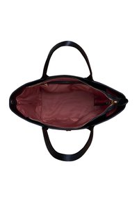 Sort læder tote taske med en glat tekstur, to håndtag, guld lynlås og en lyserød inderfoering med en slipping lomme.