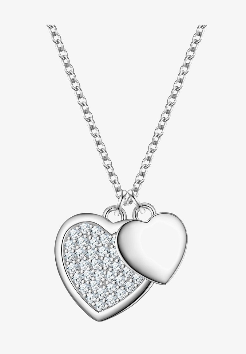 Hõbedane südamekaelakee, millel on üks süda, millel on väikesed selged kristallid, ja teine siledapinnaline süda, mis rippub kettilt.