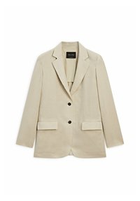 Blazer en lin beige avec un col cranté, une fermeture à un bouton et deux poches avant. Texture lisse avec un éclat subtil.
