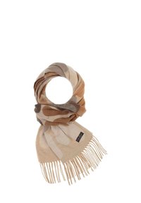 Multikleurige sjaal met beige, bruine en lichtgrijze patronen, gemaakt van zacht materiaal met franjes aan de uiteinden.