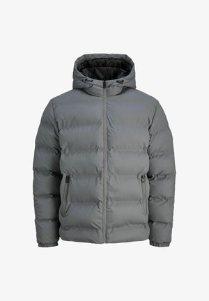 Pilkas pūkinis švarkas su užtrauktuku, reguliuojama kapišonu, užtrauktukais šoninėmis kišenėmis ir elastiniais rankovėmis; išklotas dizainas izoliuoja šilumą.