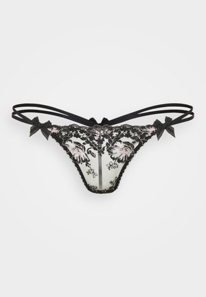 Mustmustel lace string, millelille tikandid, läbipaistev võrgusilm ja satiinist kaared mõlemal küljel. Reguleeritavad rihmad ja dekoratiivsed ääred.