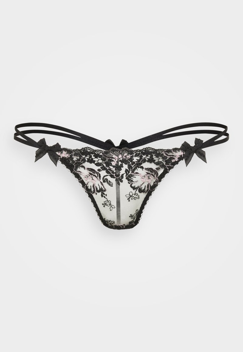 Čierne čipkované tangá s kvetinovou výšivkou, priesvitnou sieťovinou a saténovými mašľami na každej strane. Nastaviteľné ramienka a dekoratívny lem.