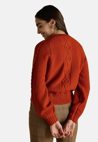 Oranžs adīts džemperis ar teksturētām rakstiem, ribotiem piedurkņu galiem un apakšmalu. Aizmugurē ir dimanta šuvuma dizains. Apvienots ar krekla auduma biksēm.