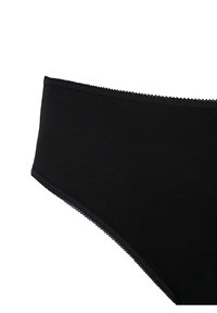 Black cotton brief with a smooth texture, featuring a scalloped elastic waistband and a classic high-cut design.