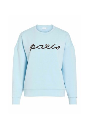 Sweat-shirt bleu clair à manches longues avec le mot "paris" en écriture cursive noire sur la poitrine, col rond, et poignets et ourlet côtelés.